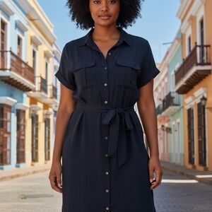 Chic Navy Button-Up Midi Dress